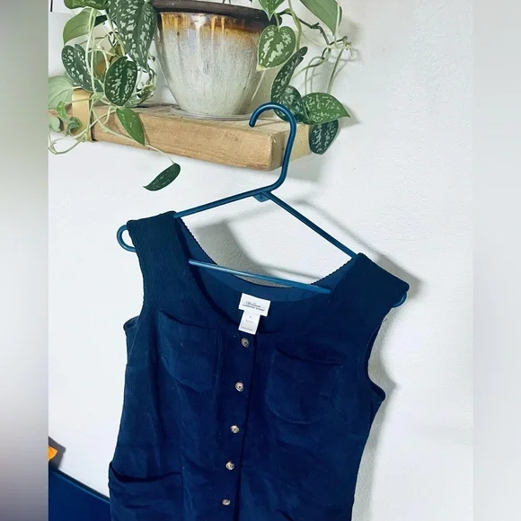 The Vermont Country Store corduroy tunic shift coverall dress, thick blue cotton - Picture 3 of 10